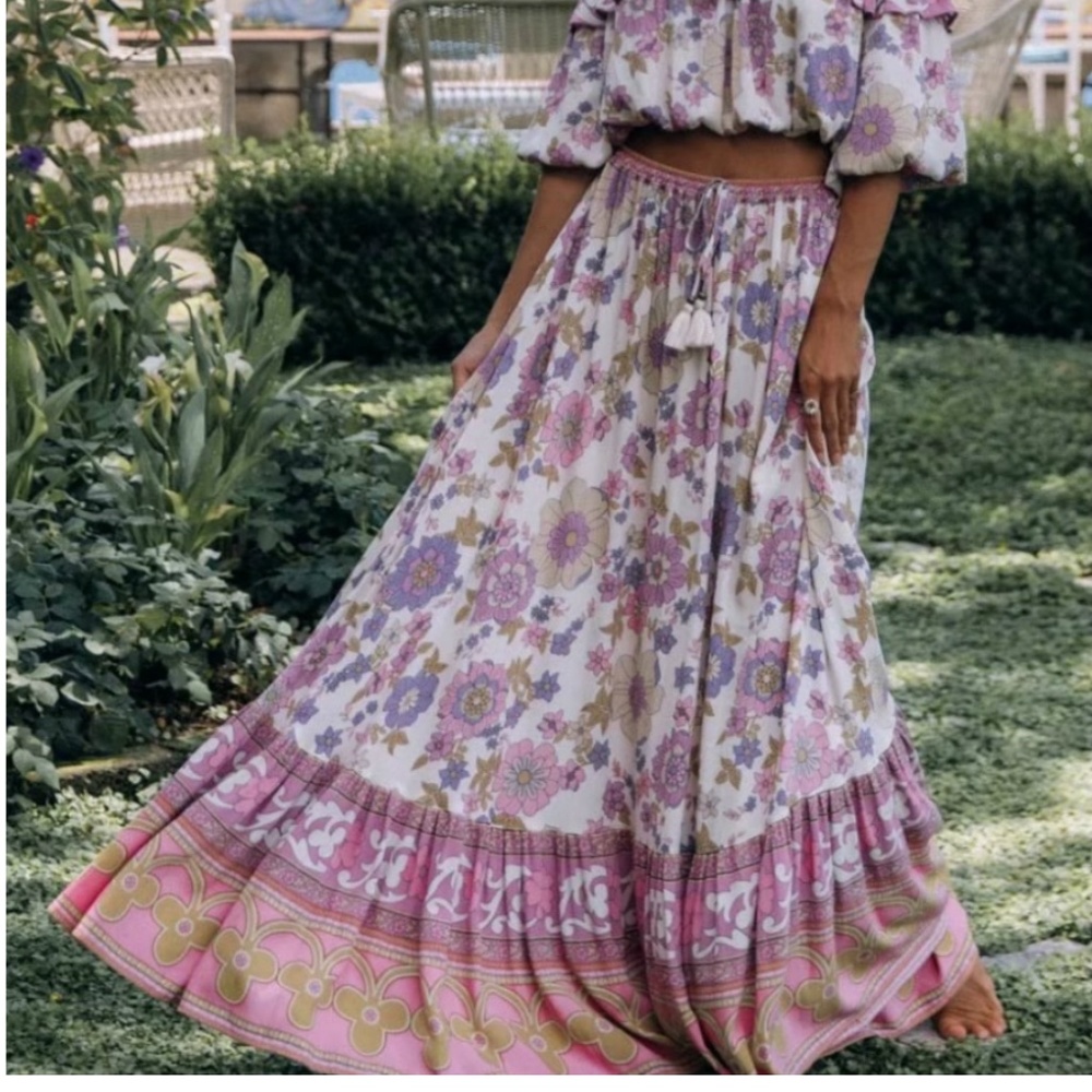 Boho Pink gypsy floral print  ruffle hem Maxi skirt - Picture 3 of 5